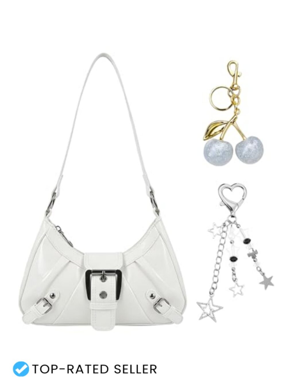 Y2K Leather Purse with Cherry Star Keychain Shoulder Bag Satchel